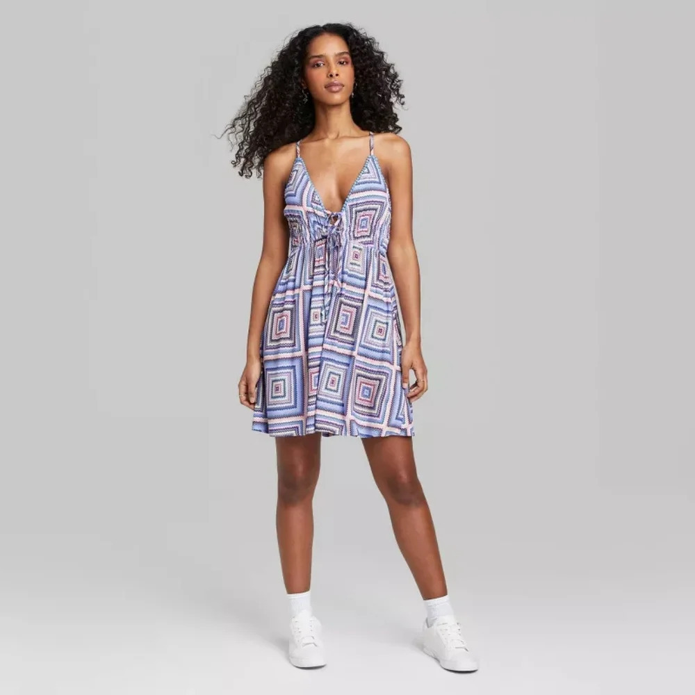 Wild Fable White Purple Geometric Babydoll Fit & Flare Mini Dress Size Medium